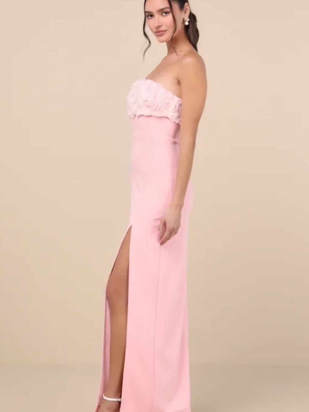 New Lulus Fiore 3D Strapless Pink Floral Bodice Maxi Fitted Evening Gown Sz XS